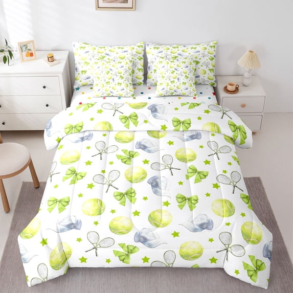 Manfei Cute Tennis Twin Bedding For Boys,Bow Racket Pattern Bedding Comforter Set,Green White,Polkadot Reversible,7pcs