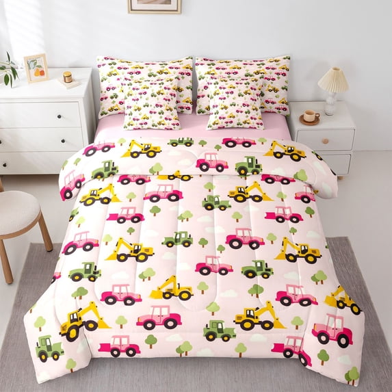 Manfei Cute Trees 7-Piece King Bedding,Cartoon Cars Print King Bed in a Bag,Pink,Pink Reversible