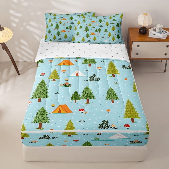 Manfei Cute Trees Zipper Full Size Comforter Sets with Fitted Sheet and 2 Pillowcases,Kawaii Tent Print Zipper Bedding Set,Blue,Reversible,4pcs