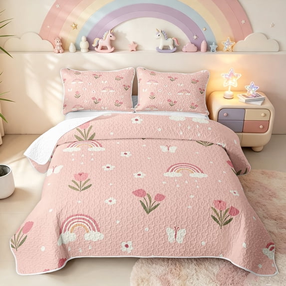 Manfei Cute Tulip Twin Quilt Set, Butterfly Rainbow Twin Coverlet Set, Pink, 2pcs, 1 Bedspread and 1 Pillowcase