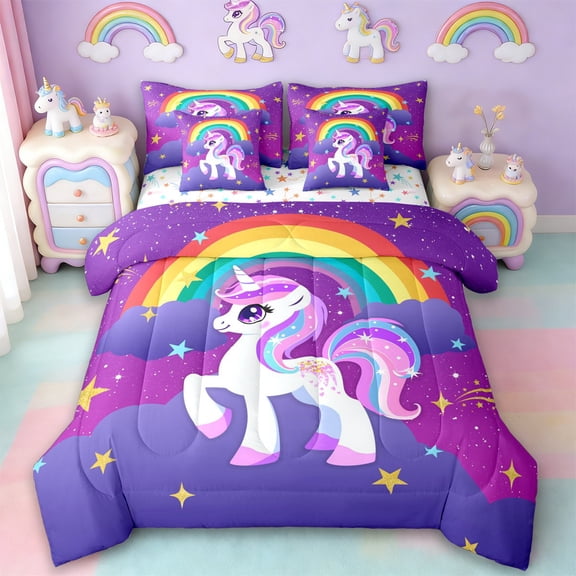 Manfei Cute Unicorn 7-Piece Bedding Comforter Set,Rainbow Stars Pattern King Bedding Sets,Gold Starry Night Bed Sheets For Girls Kids,Breathable Home Decor Reversible