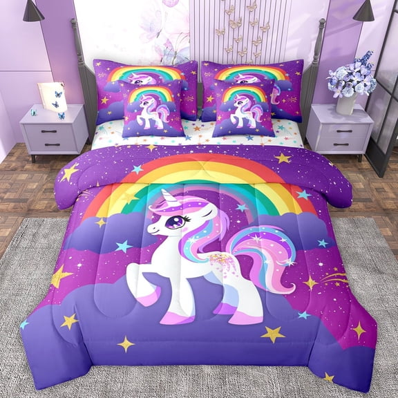 Manfei Cute Unicorn 7-Piece Twin Bedding Sets,Rainbow Stars Pattern Bedding Comforter Set,Gold Starry Night Sheet Sets For Girls Kids,Breathable Home Decor Reversible