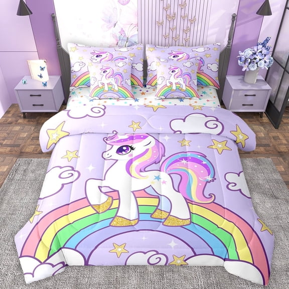 Manfei Cute Unicorn 7-Piece Twin Bedding Sets,Stars Clouds Pattern Bedding Comforter Set,Rainbow Lines Sheet Sets For Girls Kids,Breathable Home Decor Reversible