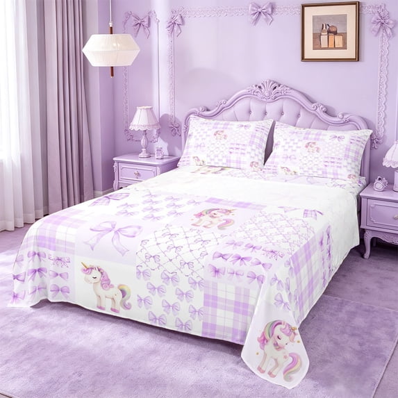 Manfei Cute Unicorn Animals Bed Sheets For Girls,Dreamy Princess Castle Theme King Sheets For Kids,4-Piece