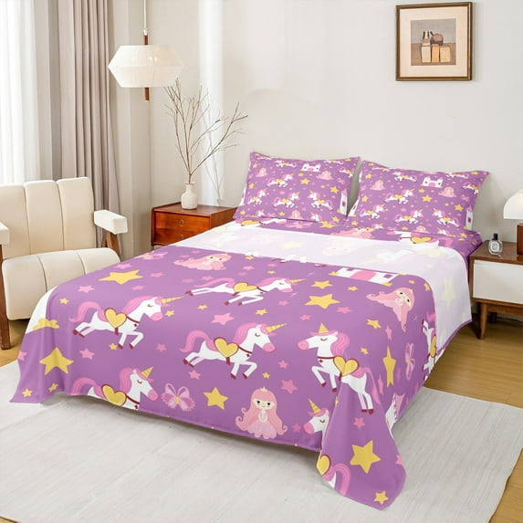 Manfei Cute Unicorn Bed Sheets,Fairy Tale Princess King Sheets,Pink Girls Castle Sheet Set For Child,Super Cozy Room Decor,4pcs