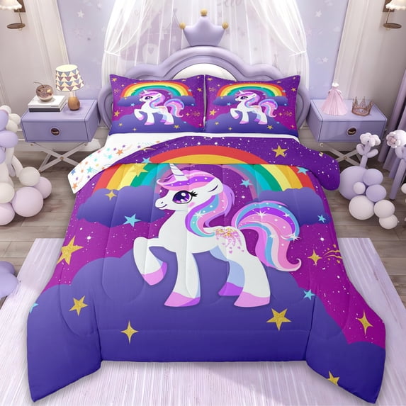 Manfei Cute Unicorn Bedding Comforter Set,Rainbow Stars Pattern Twin Comforter Sets,Gold Starry Night Bedding Set For Girls Kids,Breathable Home Decor Reversible,2 Pieces