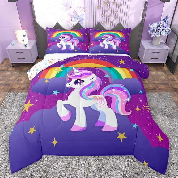Manfei Cute Unicorn Bedding Comforter Set,Rainbow Stars Pattern Twin Comforter Sets,Gold Starry Night Bedding Set For Girls Kids,Breathable Home Decor Reversible,2 Pieces