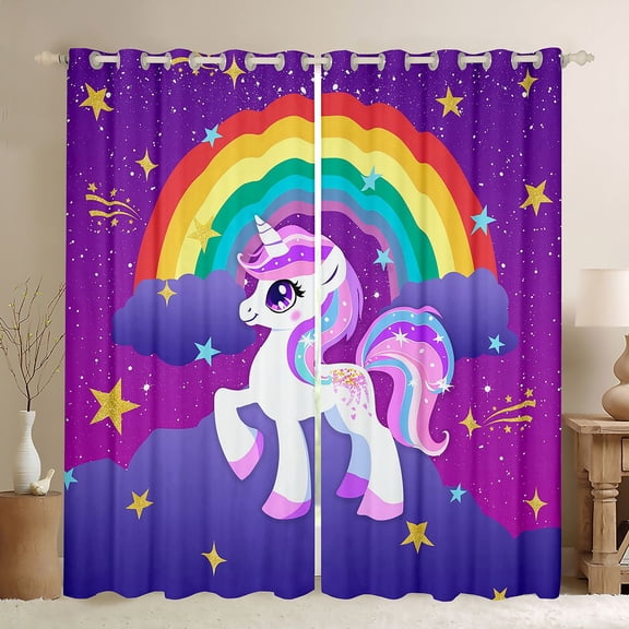 Manfei Cute Unicorn Black Out Curtains,Rainbow Stars Pattern Curtains Pack of 2 (42x63 Each),Gold Starry Night Bedroom Curtains For Girls Kids,Breathable Home Decor