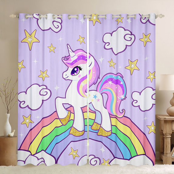Manfei Cute Unicorn Blackout Curtains Set of 2 (52x84 Each),Stars Clouds Pattern Window Curtains,Rainbow Lines Curtains and Drapes For Girls Kids,Breathable Home Decor