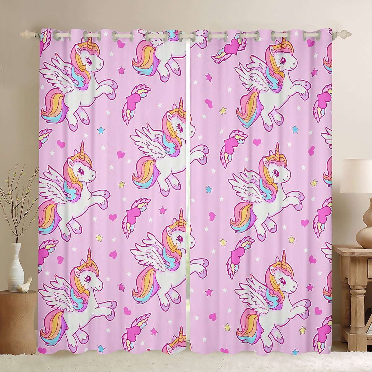Manfei Cute Unicorn Curtains Pack of 2 (42x84 Each),Kawaii Heart Print ...