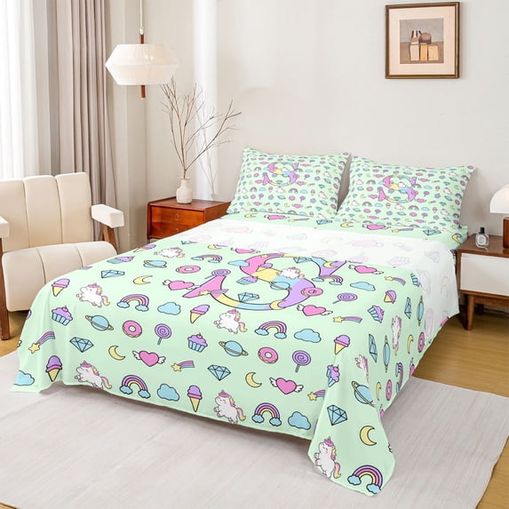 Manfei Cute Unicorn Dessert Bed Sheets,Kawaii Initial S Full Size Sheets,Light Green Multicolor,4pcs,1 Flat Sheet, 1 Fitted Sheet and 2 Pillowcases