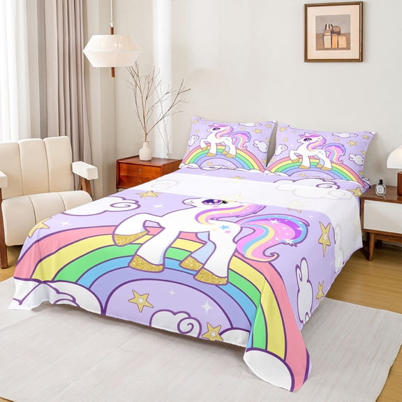 Manfei Cute Unicorn Full Size Sheets,Stars Clouds Pattern Bed Sheets,Rainbow Lines Sheet Sets For Girls Kids,Breathable Home Decor,4 Pieces