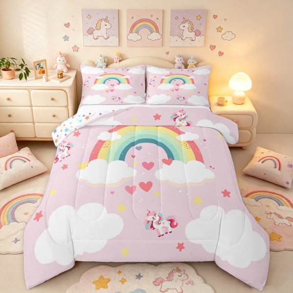 Manfei Cute Unicorn Rainbow Full Size Comforter Sets, Love Heart Cloud Bedding Comforter Set, Pink, Stars Reversible, 3-Piece, 1 Comforter and 2 Pillowcases