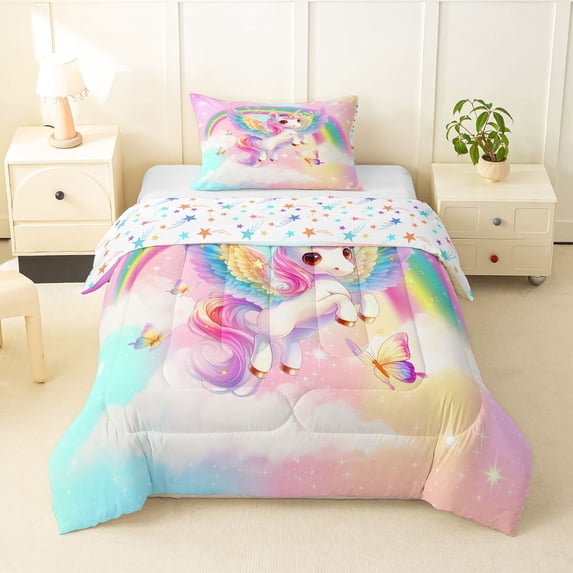 Manfei Cute Unicorn Twin Comforter Sets,Dreamy Rainbow Bedding Set,Multicolor,Colorful Stars Reversible,2-Piece,1 Comforter and 1 Pillowcase