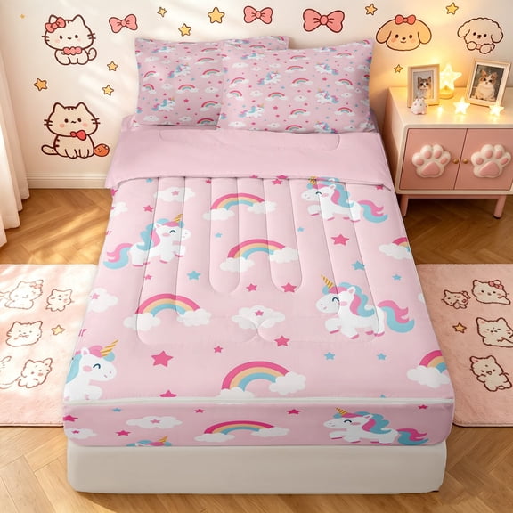 Manfei Cute Unicorn Zipper Twin Comforter Sets with Fitted Sheet and 2 Pillowcases, Rainbow Cloud Zipper Bedding Set, Pastel Pink, Pink Reversible, 4pcs