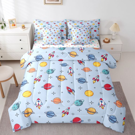 Manfei Cute Universe Planet Bedding Comforter Set 7 Pieces for Preppy Child,Starry Sky Full Bedding Set Lightweight,Kawaii Galaxy Rocket Fitted Sheet Flat Sheet,Lightweight Room Decor,Reversible