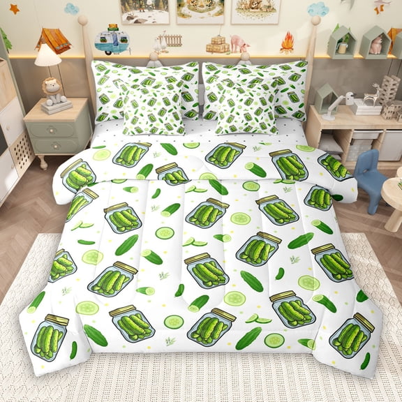 Manfei Cute Vegetables Pickle 7 Pieces Bedding Comforter Set for Kid, Cartoon Pickle Full Bedding Set, White Green Cartoon Theme Reversible Fitted Sheet Flat Sheet, Lightweight Room Decor
