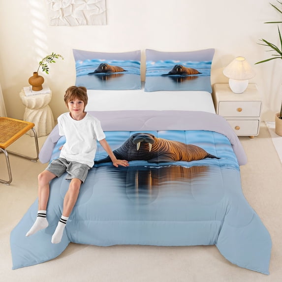 Manfei Cute Walrus Full Size Comforter Sets for Kids Boys and Girls, Arctic Animal Bedding Sets, Gray Reversible 3-Piece, 1 Comforter and 2 Pillowcases