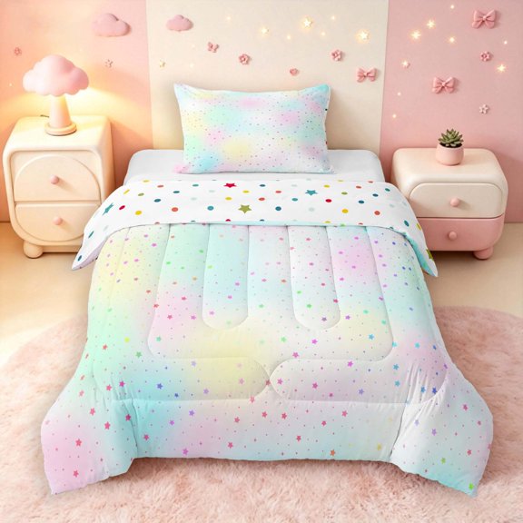 Manfei Cute Watercolor Stars Twin Comforter Sets,Sprinkle Print Bedding Set,Multicolor,Polkadot Reversible,2-Piece,1 Comforter and 1 Pillowcase