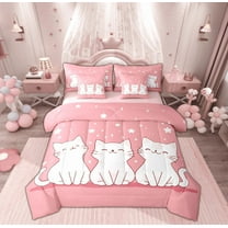 Manfei Cute White Cat Twin Bedding Sets 7-Piece for Teen, Dreamy Stars Print Bedding Comforter Set, Kawaii Cartoon Kitten Reversible Sheet Sets, Super Cozy Room Decor