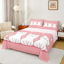 Manfei Cute White Cat Twin Sheet Sets for Teen, Dreamy Stars Print Twin Fitted Sheet, Kawaii Cartoon Kitten Flat Sheet, Super Cozy Room Decor, 3-Piece