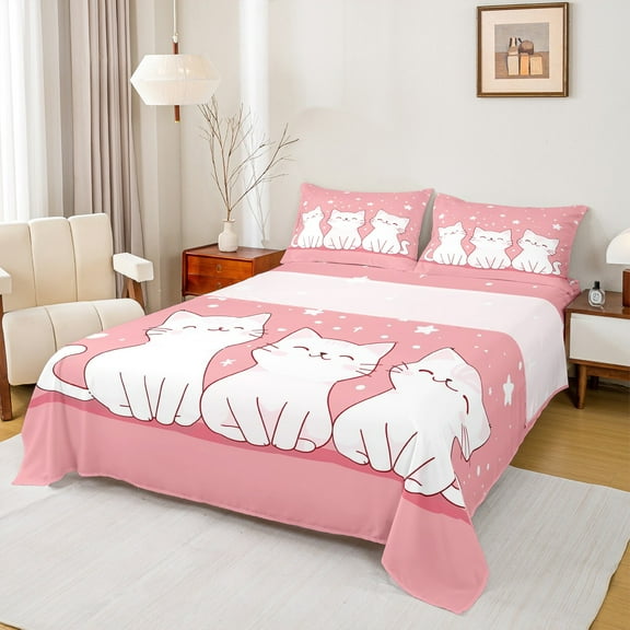 Manfei Cute White Cat Twin Sheet Sets for Teen, Dreamy Stars Print Twin Fitted Sheet, Kawaii Cartoon Kitten Flat Sheet, Super Cozy Room Decor, 3-Piece