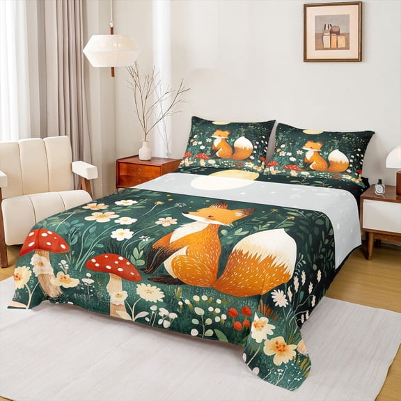 Manfei Cute Wild Fox Bed Sheets Full,Cartoon Mushroom Bedding Full Size,Graffiti Flower Floral Sheet Set Full For Girls,Breathable Bedroom Decor,4 Pieces