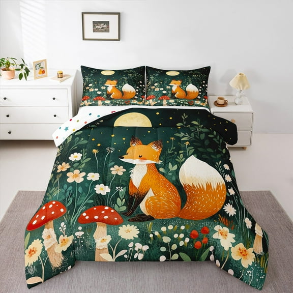 Manfei Cute Wild Fox Bedding Twin Comforter Set,Cartoon Mushroom Down Comforter,Graffiti Flower Floral Bedding Sets Twin with Comforter For Girls,Breathable Bedroom Decor Reversible,2 Pieces