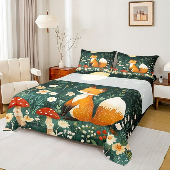 Manfei Cute Wild Fox Sheet Set Queen,Cartoon Mushroom Bedding Sets Queen Size,Graffiti Flower Floral Queen Sheet Sets For Girls,Breathable Bedroom Decor,4 Pieces