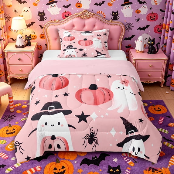 Manfei Cute Witch Hat Ghost Twin Comforter Sets 2pcs, Halloween Pumpkin Flowers Bedding Set, Light Pink Black,Pink Reversible,1 Comforter and 1 Pillowcase