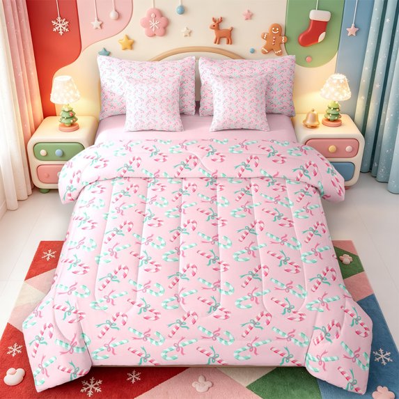 Manfei Cute Xmas Candy Cane 7-Piece Twin Bedding,Winter Holiday Bedding Comforter Set,Pink Reversible