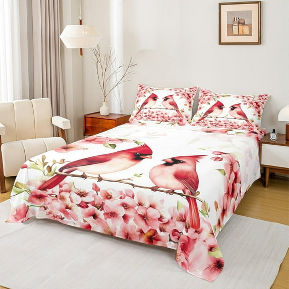 Manfei Cute Xmas Cardinals Full Size Sheets,Sakura Bed Sheets,Pink Red White Sheet Sets For Girls Teens,Ultra Soft Home Decor,4-Piece
