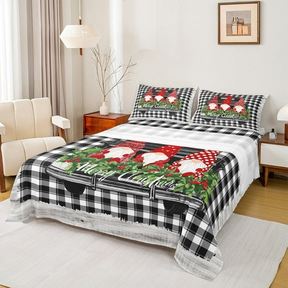 Manfei Cute Xmas Gnome Full Size Sheets, Merry Christmas Bed Sheets for Kids, Black White Buffalo Plaid Sheet Sets, Ultra Soft Home Decor 4pcs