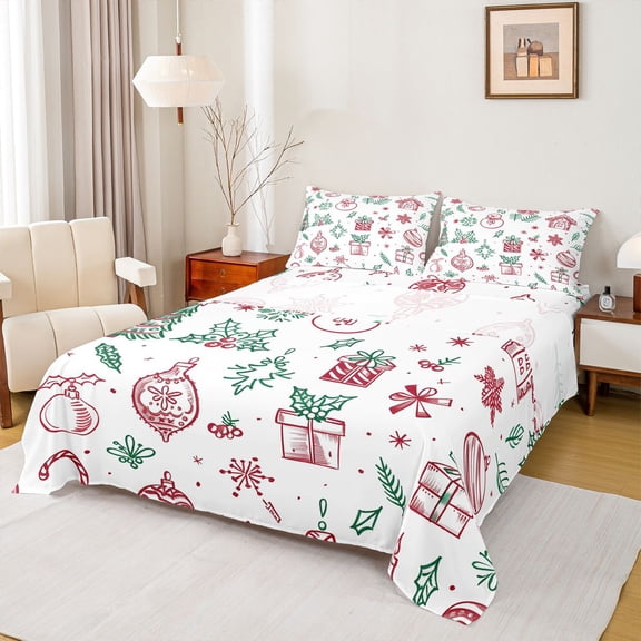 Manfei Cute Xmas Snowflake Queen Sheet Sets,Christmas Tree Flowers Flat Sheet,Red Green White Queen Fitted Sheet For Teens,Microfiber Bedroom Decor,4pcs