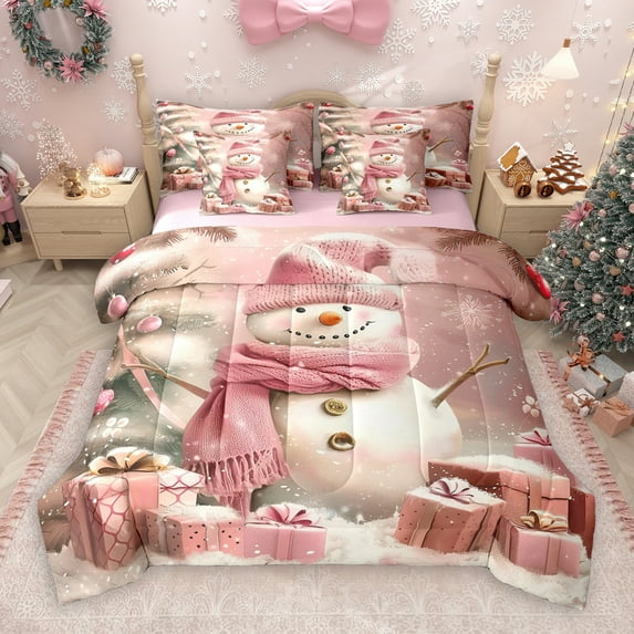 Manfei Cute Xmas Snowman 7-Piece Bedding Comforter Set,Christmas Gift King Bedding Sets,Pink White Bed Sheets For Girl Kids,Microfiber Bedroom Decor Reversible