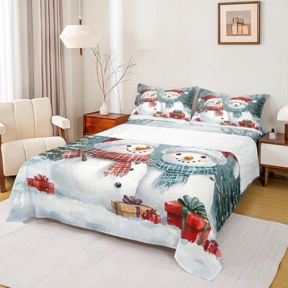 Manfei Cute Xmas Snowman Bed Sheets,Christmas Gifts King Sheets,White Blue Red Sheet Set For Girl Kids,Microfiber Bedroom Decor,4 Pieces