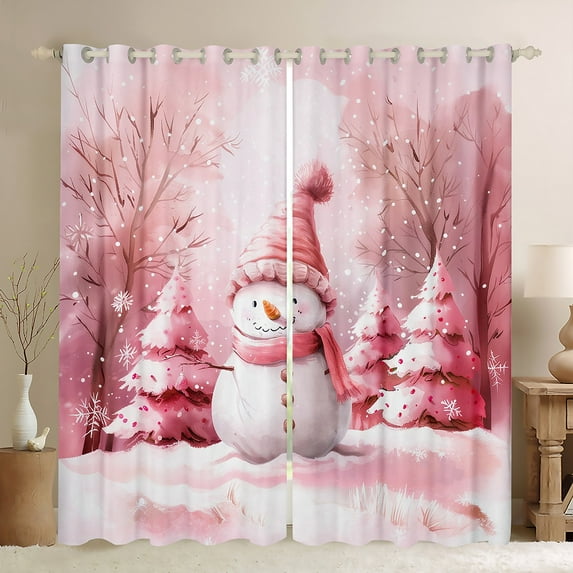 Manfei Cute Xmas Snowman Blackout Curtains Set of 2 (52x84 Each),Dreamy Christmas Tree Window Curtains,Pink White Curtains and Drapes For Girl Kids,Microfiber Bedroom Decor