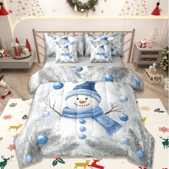 Manfei Cute Xmas Snowmen 7-Piece Bedding Comforter Set,Merry Christmas King Bedding Sets,Blue Sliver Bed Sheets,Ultra Soft Home Decor Reversible