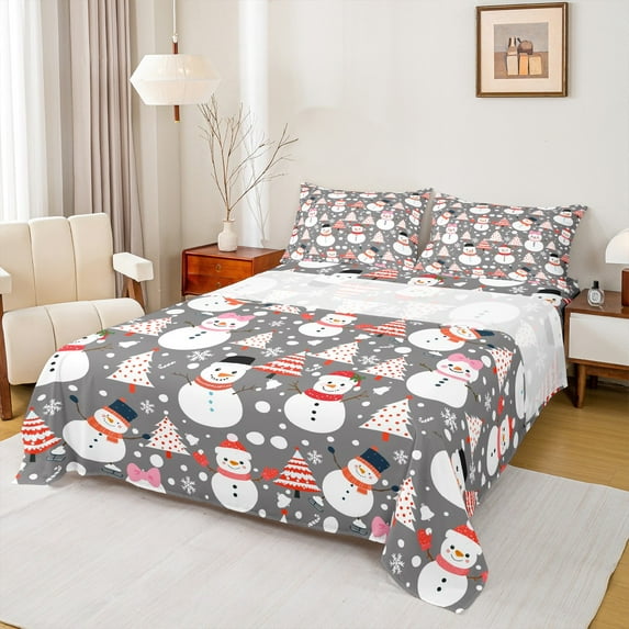 Manfei Cute Xmas Snowmen Bed Sheets,Merry Christmas Tree King Sheets,White Gray Red Sheet Set For Children,Luxury Bedroom Decor,4pcs