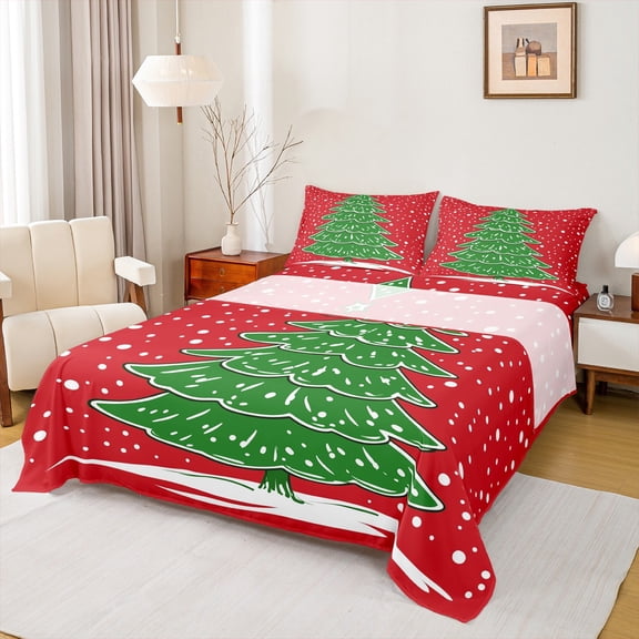Manfei Xmas Dot White Twin 3-Piece Reversible Girls Kids Breathable Holiday Tree Sheet Set