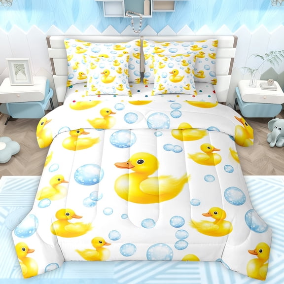 Manfei Cute Yellow Duck Bedding Comforter Set 7pcs for Teens, Kawaii Blue Bubble Queen Bedding Sets, Cartoon Summer Ocean Reversible Queen Sheet Sets, Luxury Bedroom Decor
