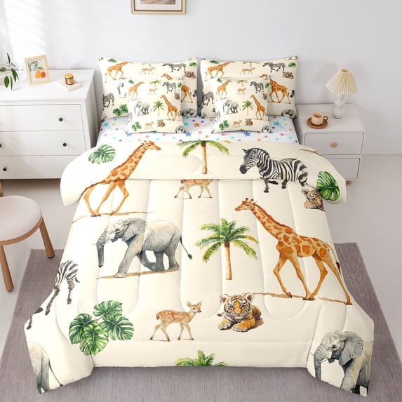 Manfei Cute Zebra 7 Pieces Full Size Bedding Sets,Woodland Animal Print Full Size Bed in a Bag,Beige,Colorful Stars Reversible