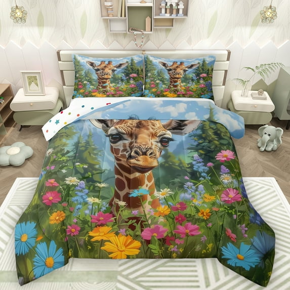 Manfei Cute Zoo Giraffe Bedding Comforter Set,Watercolor Daisy Flower Twin Comforter Sets,Colorful Scenery Bedding Set For Kids,Microfiber Bedroom Decor Reversible,2 Pieces