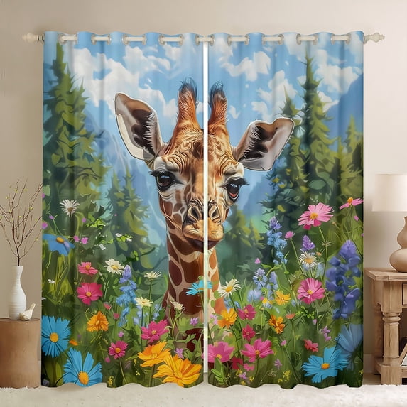 Manfei Cute Zoo Giraffe Black Out Curtains,Watercolor Daisy Flower Curtains Pack of 2 (42x63 Each),Colorful Scenery Bedroom Curtains For Kids,Microfiber Bedroom Decor