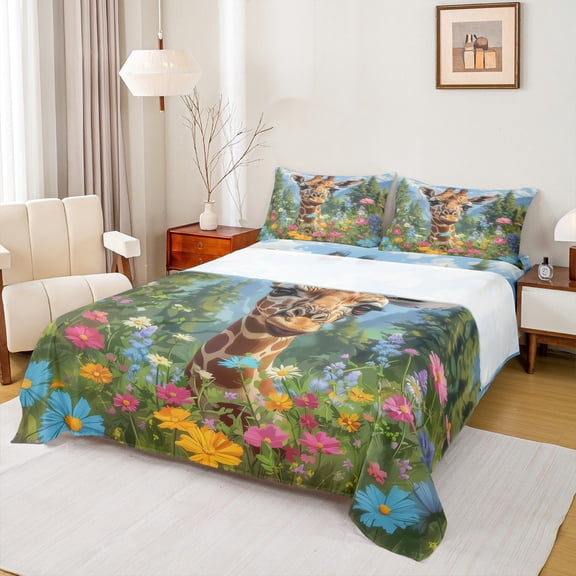Manfei Cute Zoo Giraffe Twin Sheet Sets,Watercolor Daisy Flower Twin Fitted Sheet,Colorful Scenery Flat Sheet For Kids,Microfiber Bedroom Decor,3 Pieces