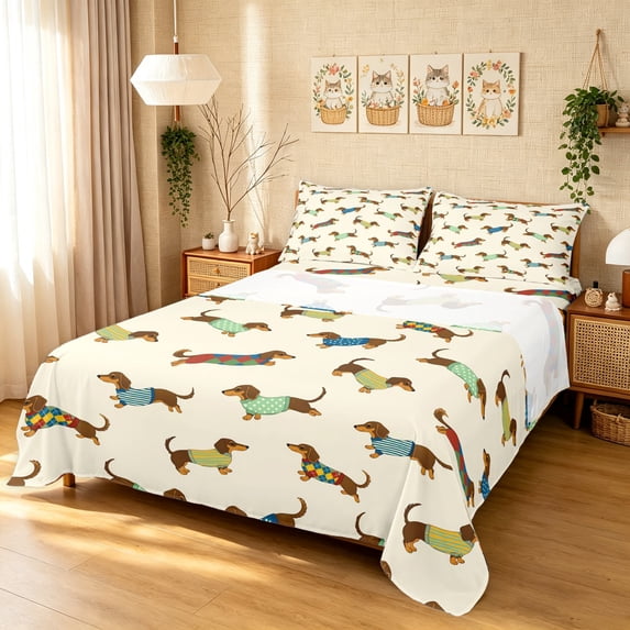 Manfei CuteDog Queen Sheets, Dachshund Lover Queen Sheet Sets, Cream, 4-Piece, 1 Flat Sheet, 1 Fitted Sheet and 2 Pillowcases