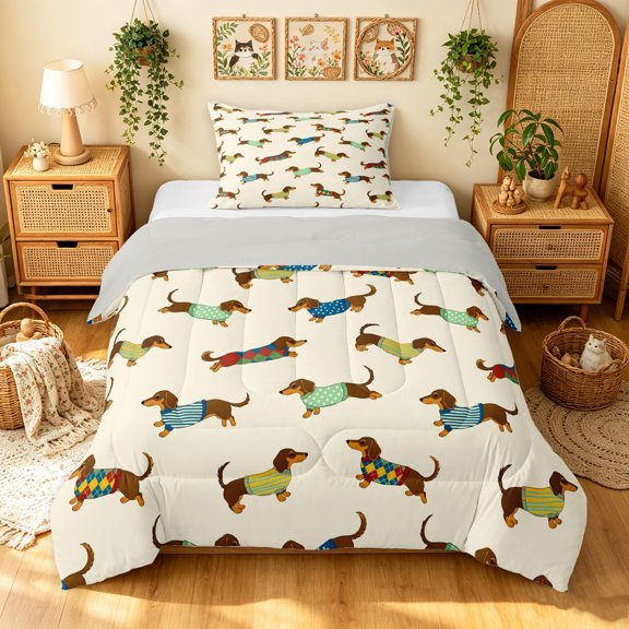 Manfei CuteDog Twin Comforter Sets, Dachshund Lover Bedding Set, Cream, Gray Reversible, 2-Piece, 1 Comforter and 1 Pillowcase