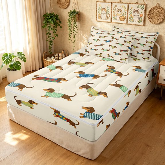 Manfei CuteDog Zipper Twin Comforter Sets with Fitted Sheet and 2 Pillowcases, Dachshund Lover Zipper Bedding Set, Cream, Gray Reversible, 4-Piece