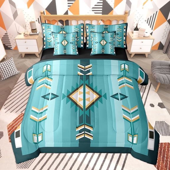 Feelyou Cyan Aztec Twin Bedding Sets 7-Piece, Mandala Bohomian Bedding Comforter Set, Tribal Triangle Geometric Sheet Sets, Lightweight Bedroom Decoration