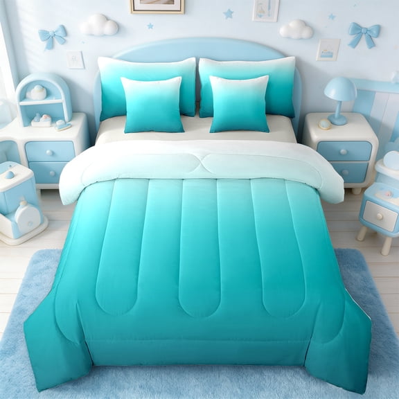 Manfei Cyan Bed in a Bag Twin Size,White Gradient Bed Set,Modern Abstract Art Bedding Twin Size,Ultra Soft Room Decorative Reversible,7 Pieces